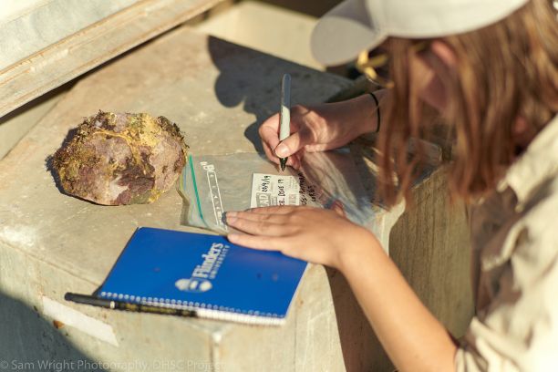 一名红发女子戴着帽子和太阳镜，在一个塑料夹袋上记录坐在她面前的一件人工制品，左边是一本蓝色笔记本。
