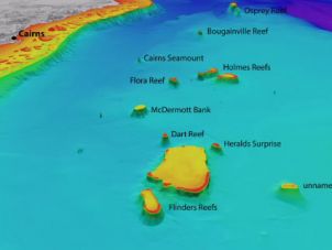珊瑚海珊瑚礁向凯恩斯的三维深度图。