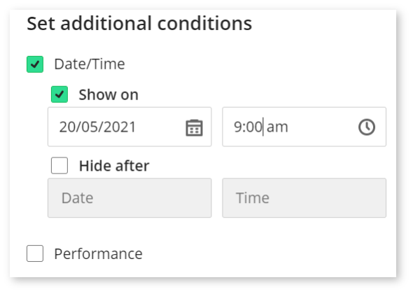 设置日期/时间条件的截图。第二步-勾选“显示”框并指定日期和时间。